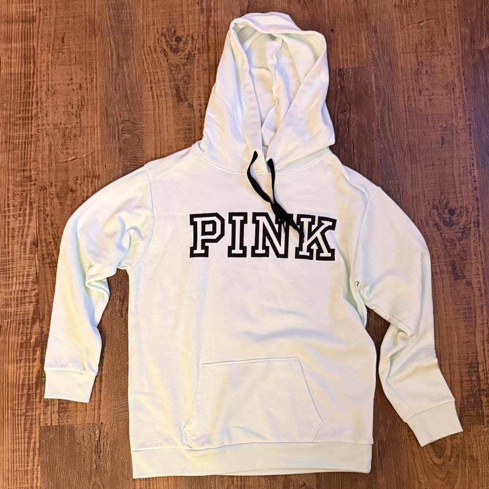 PINK Victoria's Secret light mint Hoodie with Black Lettering